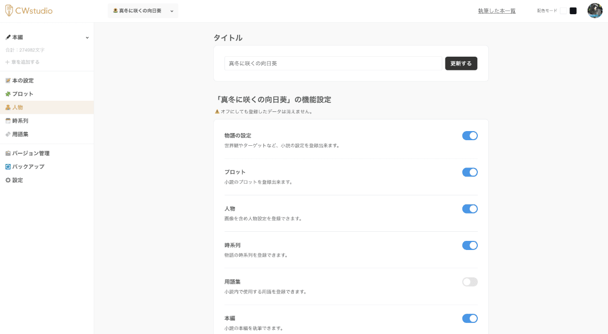本編の執筆機能の管理画面のスクリーンショット。〇〇の機能があり、××になっている様子。